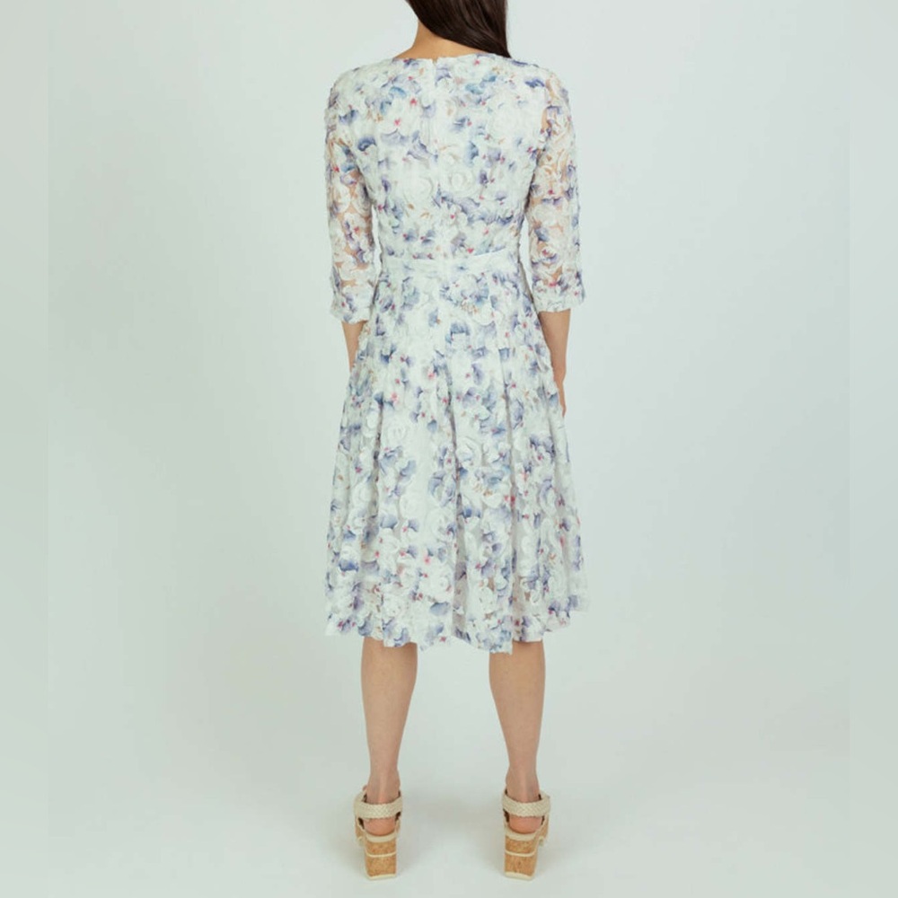 Nora Noh Indigo Pansy Dress Women’s Size 12 Floral 3D Midi 3/4 Sleeve Split Neck - Picture 9 of 16